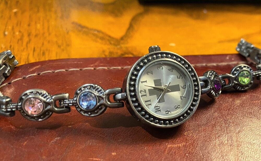 Women's Sliver Tone 22mm Watch, Cross on the Face, Crystal Accents